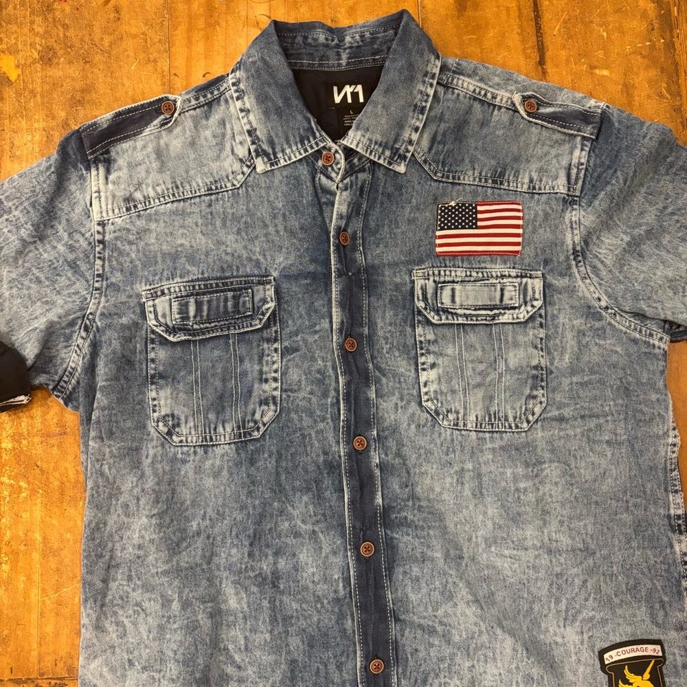 N1 Mens Large Denim Button Up Dark Faded Nurhamidi Official Flag Skull Wings